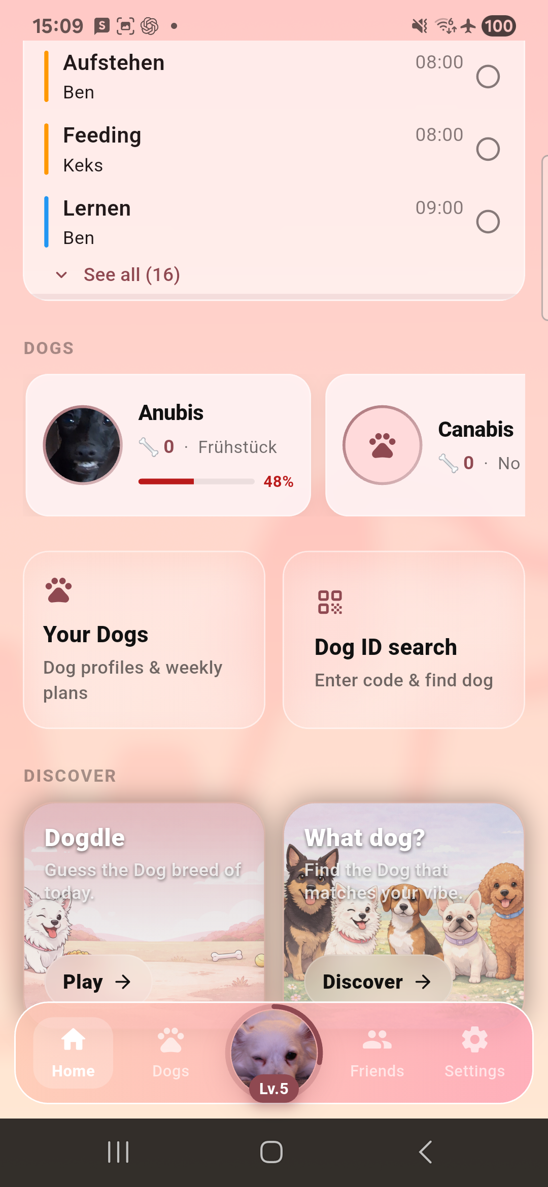 Watdog Übersicht mit Hunden, Dog-ID-Suche und Discover-Bereich
